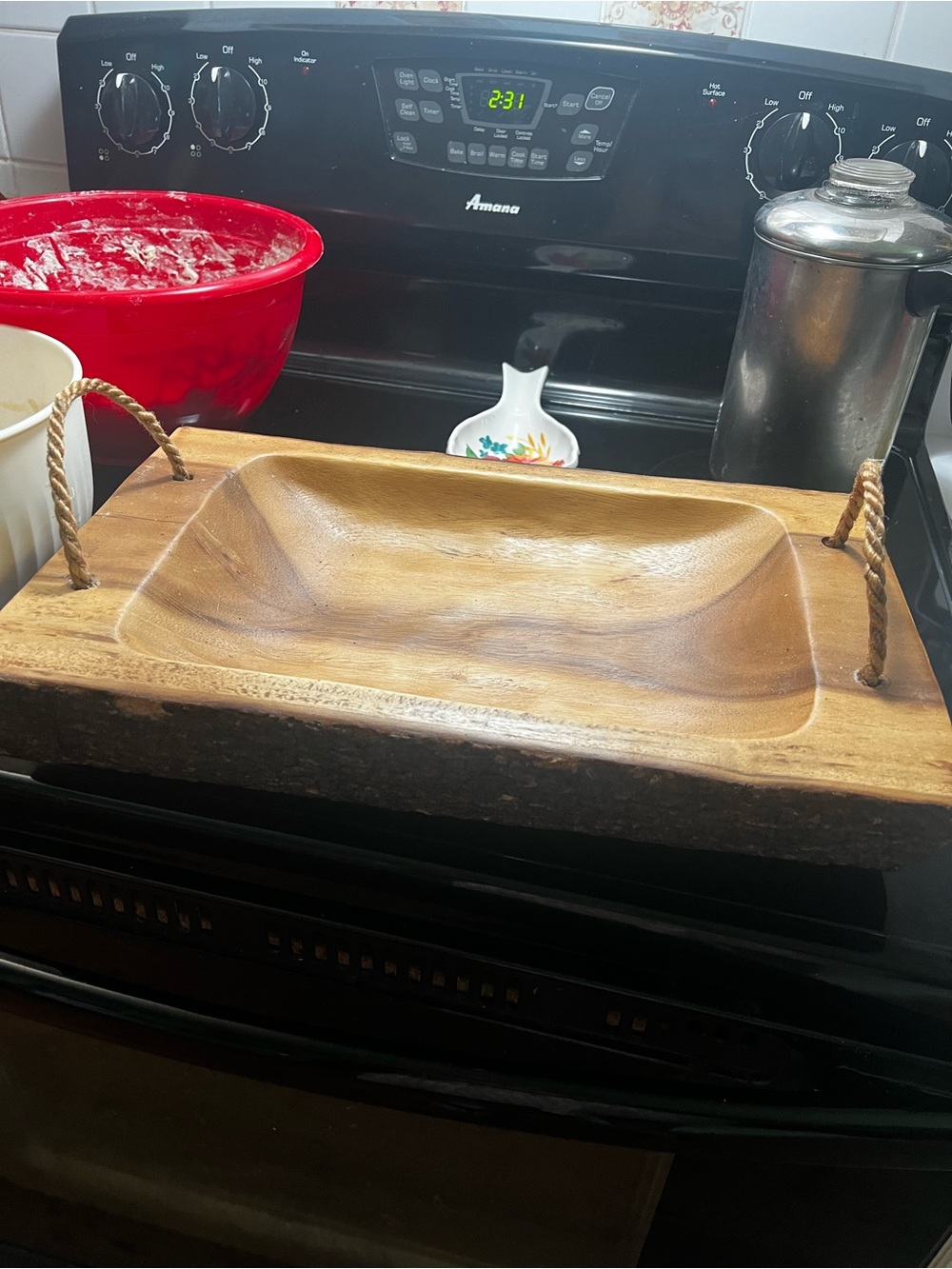 Hand-Carved Wooden Serving Tray with Rope Handles - Brown